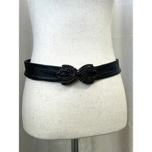 Vintage Thin Black Leather Belt w Black Rhinestone Buckle- Completely Adjustable